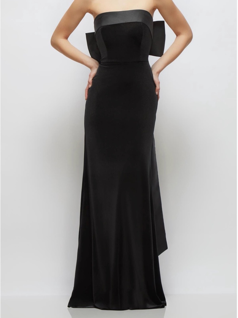 Strapless Black Bow-Back Evening Gown